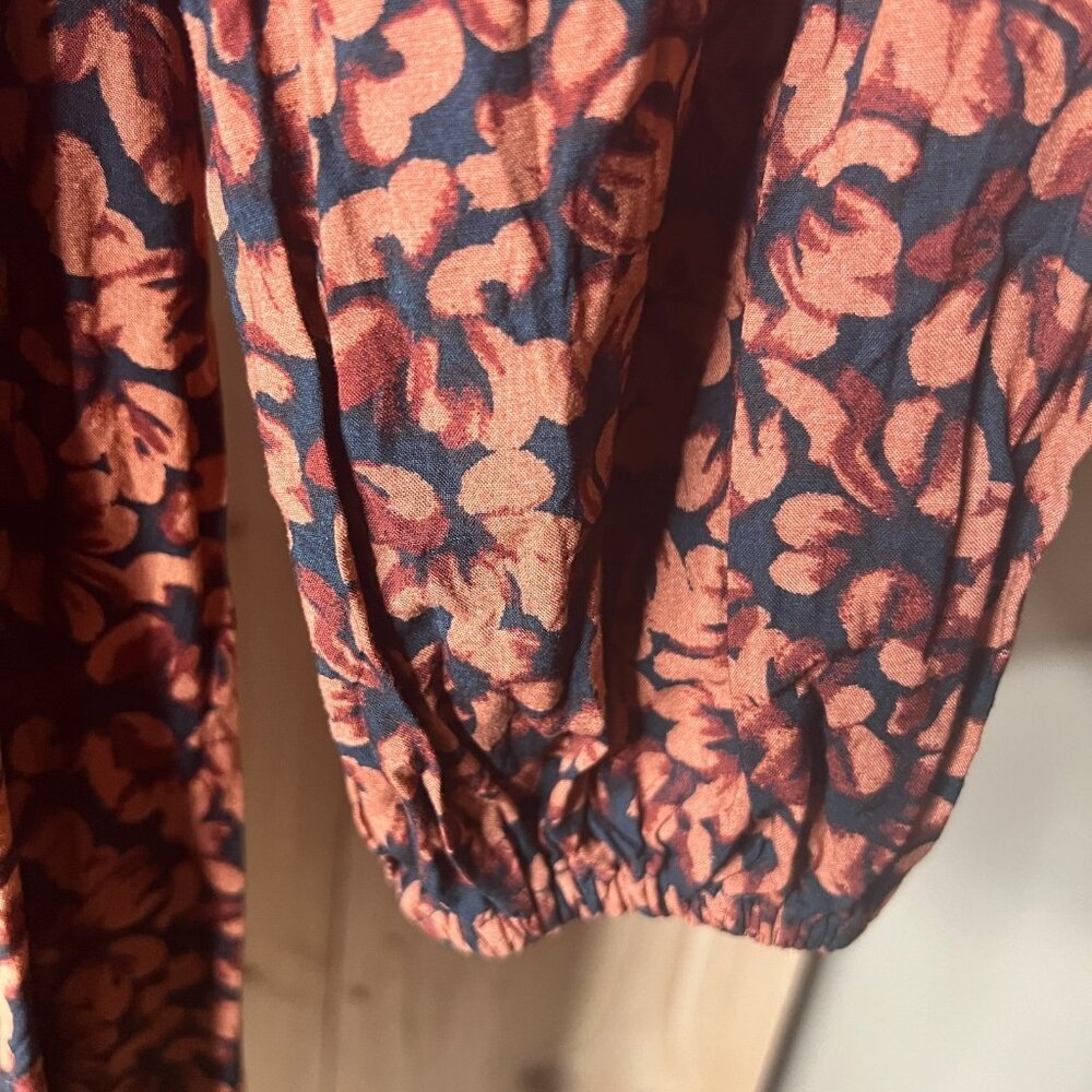 A New Day Smocked Midi Dress Rust Black Floral Long Sleeve Fall Cottagecore Boho - Picture 11 of 11